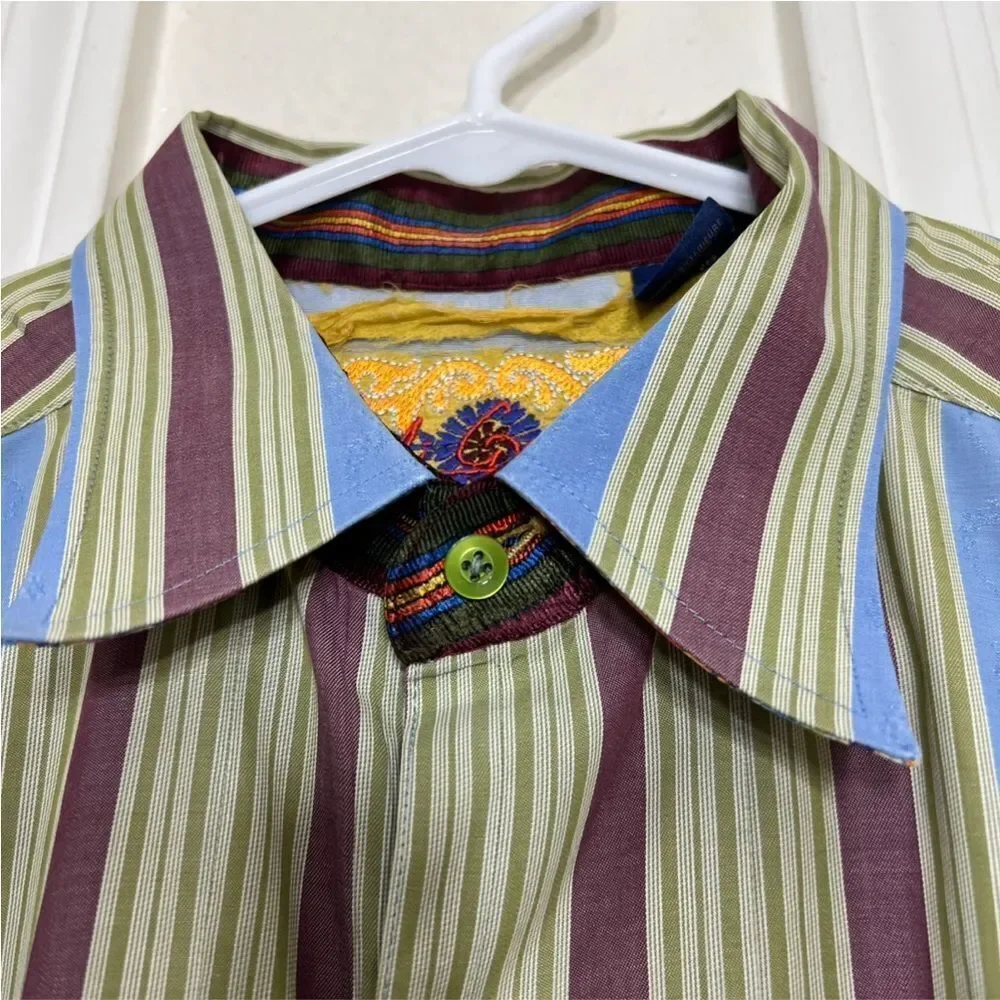 Robert Graham Button Down Shirt Flip Cuff Blue Green Striped Retro Size L